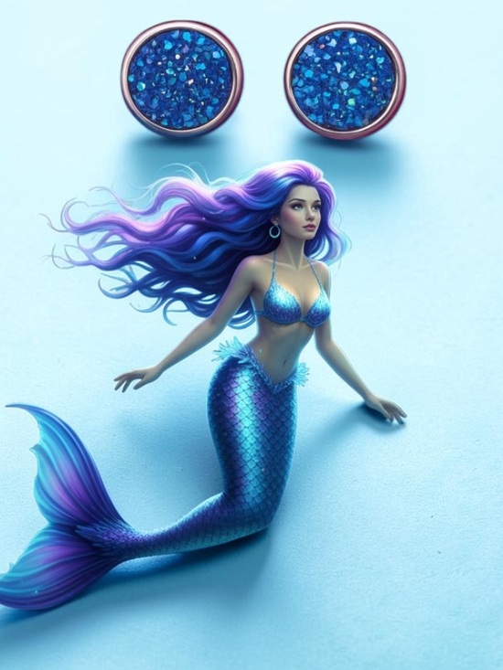 Jewelry - Blue Glitter Stud Druzy Mermaid Earrings
